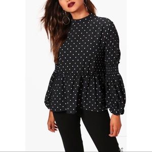 Boohoo Polka Dot Sheared Balloon Sleeve Blouse